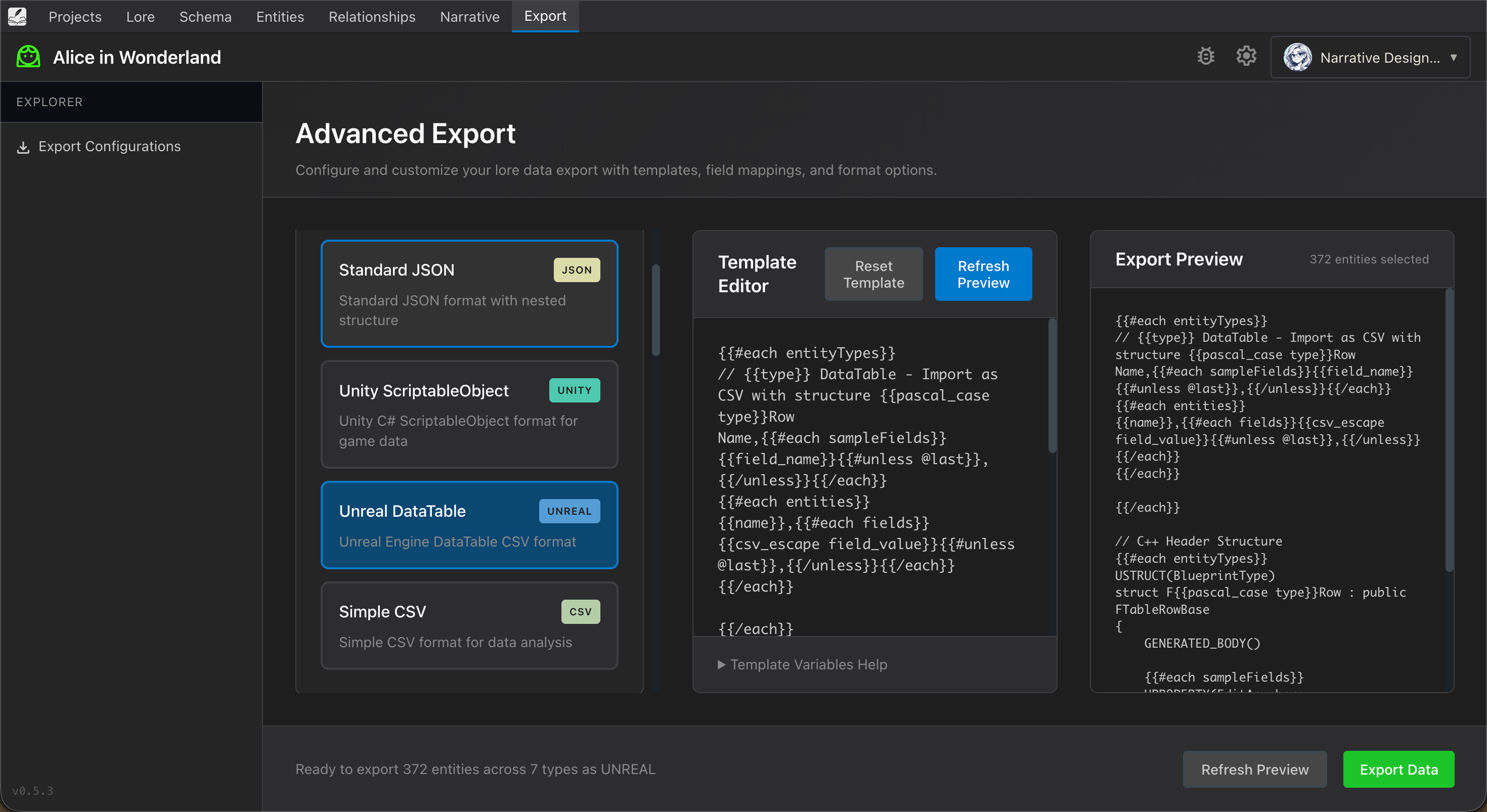 Advanced export with engine templates
